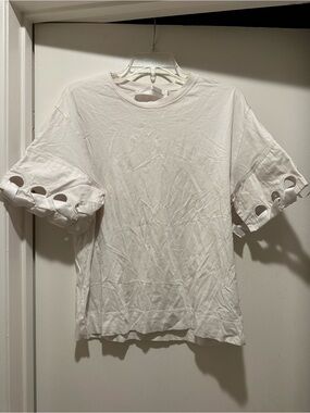 Victoria Beckham White Satin Ribbons Over T Shirt w Eyelet Sleeve Detail Small